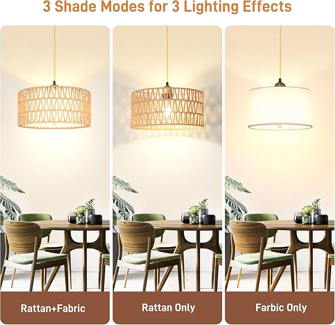 13'' Gold Plug in Pendant Light, Boho Dimmable Hanging Lamp with Rotary Dimmer Switch & 15ft Cord, Rattan & Fabric 2-in-1 Shade, Farmhouse Pendant Lights Kitchen Island Living Room Bedroom, ETL Listed