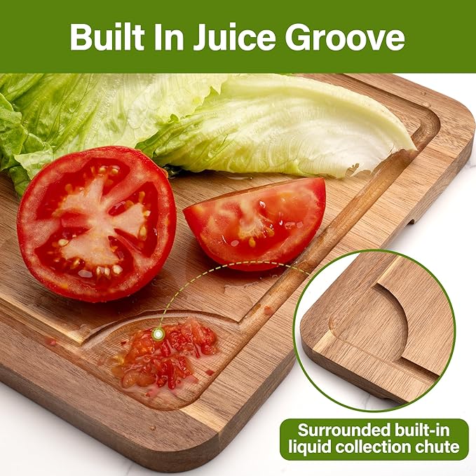 WILLKOMMEN Acacia Wood Cutting Board for Kitchen, 3-Piece Chopping Boards Set with Stand, Juice Groove, Handles & Hanging Holes, Butcher Block for Meat, Vegetables (Small, Medium, Large)