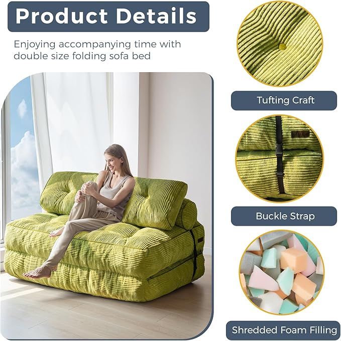 MAXYOYO Folding Sofa Bed, Convertible Sleeper Chair with Pilow Foldable Mattress with Back Support, Portable Fold Out Chair Bed for Living Room Bedroom, Green Double