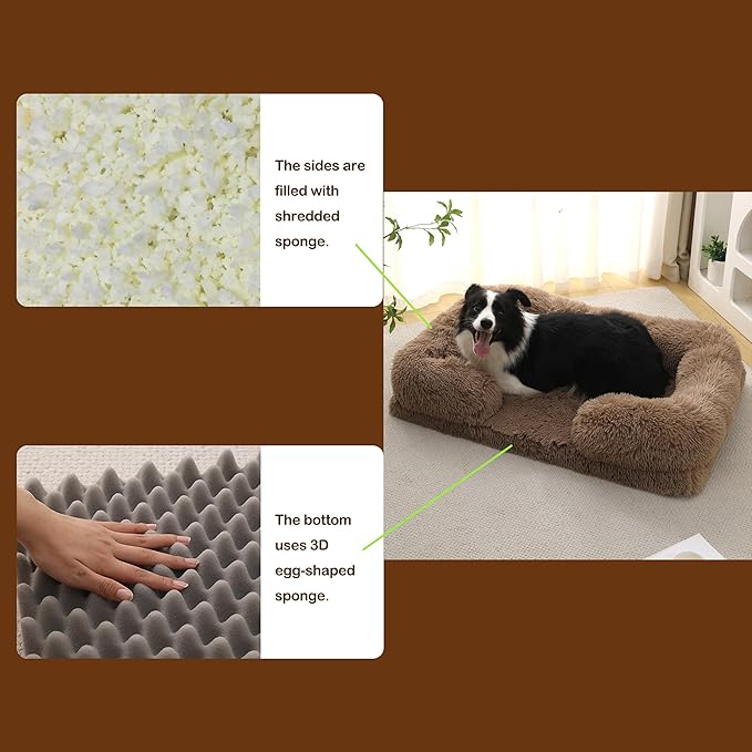 Orthopedic Dog Bed for Large Dogs - Washable Memory Foam Pet Sofa, Fluffy Plush Rectangular Bed, Waterproof Anti-Anxiety Couch, Khaki, L