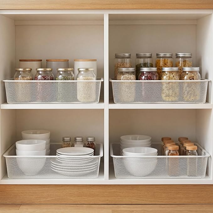 4 Pcs Metal Wire Basket Metal Mesh Basket Pantry Organizers Bin Containers for Home Organizing Cabinet Pantry Closet Kitchen Fridge Fruit Makeup Snacks Gifts(White,Large)