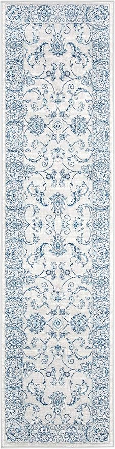 SAFAVIEH Brentwood Collection Runner Rug - 2' x 22', Light Grey & Blue, Oriental Floral Scroll Design, Non-Shedding & Easy Care, Ideal for High Traffic Areas in Living Room, Bedroom (BNT854G)