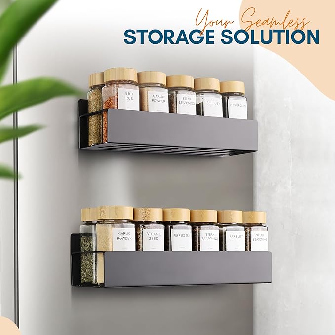Magnetic Spice Rack for Refrigerator - Strong Magnetized Shelf for Fridge Storage - 2 Pack with 4 Moveable Hooks - Versatile Kitchen Organizer - Space-Saving Fridge Magnet Shelves