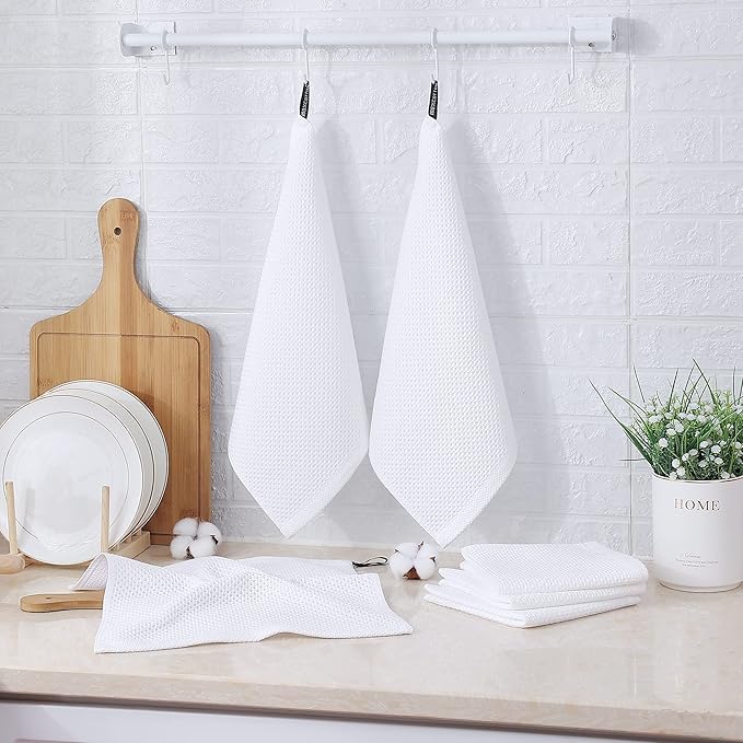 Kitinjoy 100% Cotton Kitchen Dish Cloths (12 X 12 Inches, White), 12 Pack Waffle Weave Ultra Soft Absorbent Dish Towels for Drying Dishes Quick Drying Kitchen Towels Dish Rags