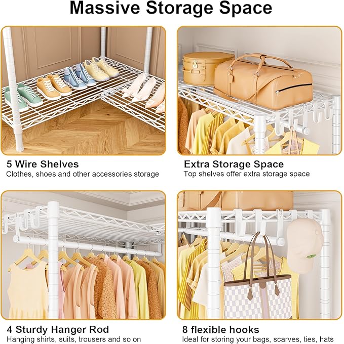 E15 Garment Rack L Shaped Clothes Rack for Corner，Freestanding Clothing Racks for Hanging Clothes，Heavy Duty Closet Organizer with 4 Hanging Rods & 8 S Hooks，43.3" W x 29.4" D x 78.4" H，White