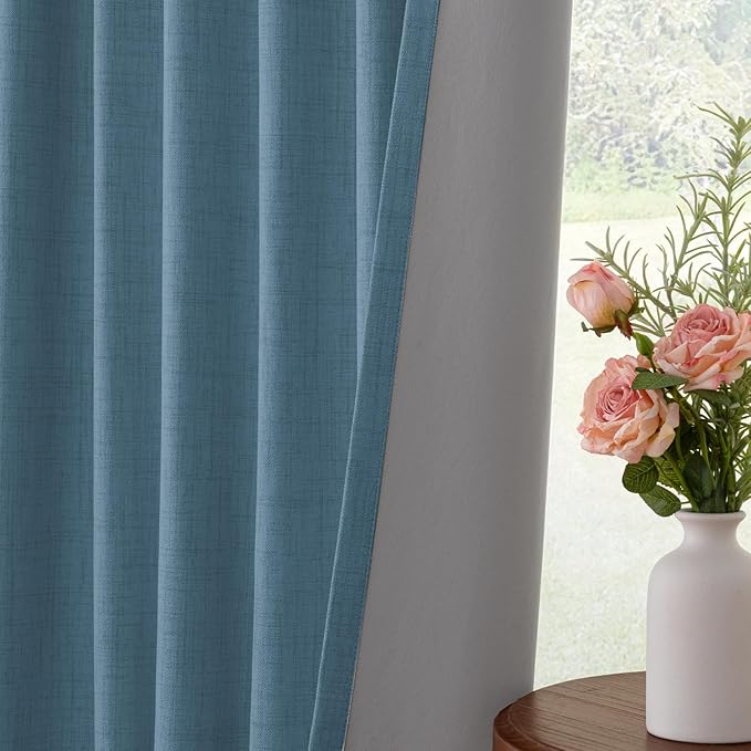 INOVADAY 100% Blackout Curtains for Bedroom, Black Out Curtains 108 Inch Long, Clip Rings Linen Blackout Drapes, Thermal Insulated Room Darkening for Living Room, 2 Panels - Stone Blue, W50xL108