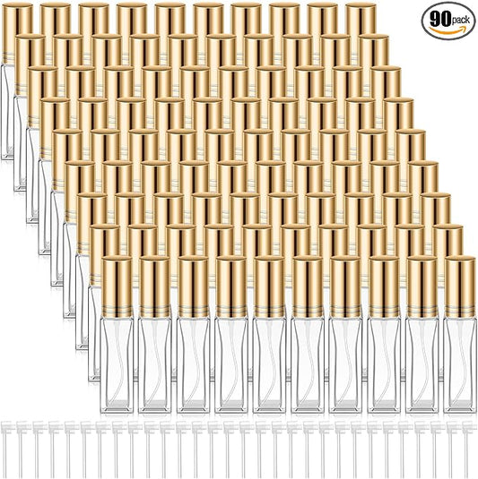 Domensi 90 Pcs 8 ml Empty Glass Perfume Bottles Bulk - Gold Refillable Cologne Spray Atomizer with Pump, for Travel, Skincare, Haircare, Cleaning & DIY Essentials