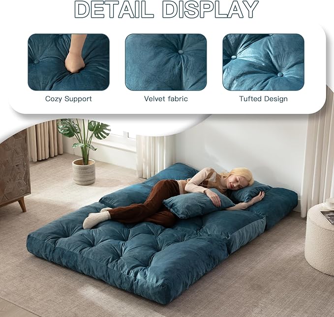 Folding Sofa Bed, Convertible Sleeper Chair with Pillow Foldable Mattress with Back Support, Portable Fold Out Chair Bed Comfy Floor Sofa Lounge for Living Room Bedroom, Blue Full 80x54 Inch