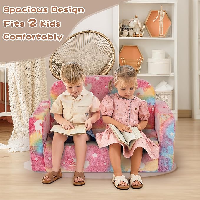 Extra Wide Kids Couch, Kids Sofa, Toddler Sofa, Glow in The Dark, 2-in-1 Soft Toddler Couch with Blanket and Pillow, Pink