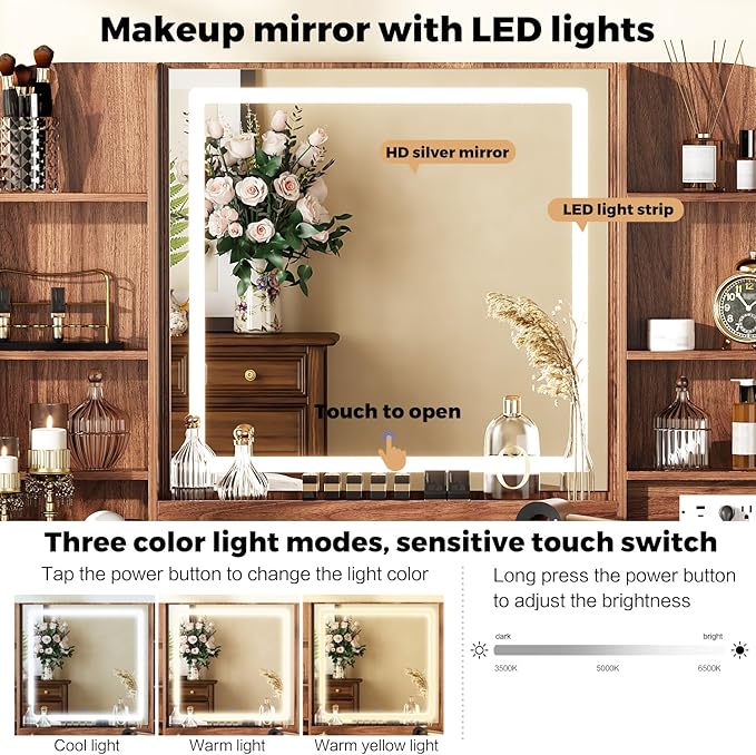 43" Makeup Vanity Desk with Mirror and Lights, & Power Outl, Glass Top Big Vanity Table with 9 Drawers& 8 Storage Shelves, Dressing Table Set with Chair for Bedroom, Walnut
