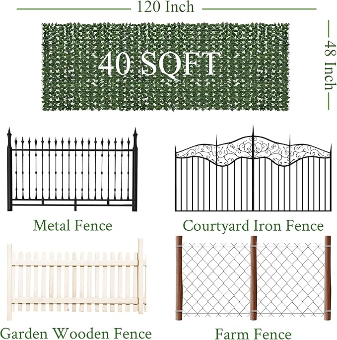 Artificial Ivy Privacy Fence Screen: 120 "x 48" (40 Sqft) Anti-Ultraviolet Artificial Hedge Grass Wall, Used for Indoor and Outdoor Green Background, Garden Greening Decoration