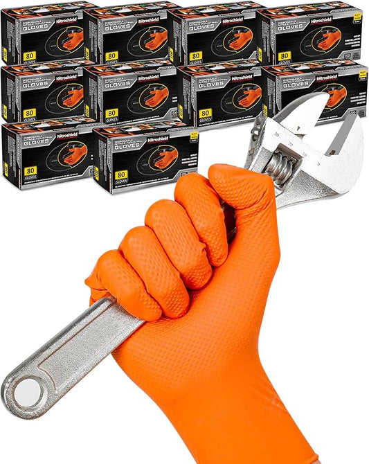 nitroshield 9mil Heavy Duty Disposable Nitrile Gloves,Orange XLarge 800Pcs -Chemical Resistant, Latex & Powder Free Rubber Gloves Diamond Texture for Automotive, Mechanics, Cooking,BBQ, Industrial Use