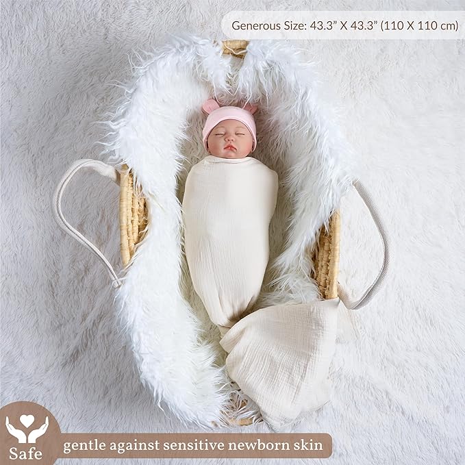 Meracorallo Muslin Swaddle Blanket, 100% Cotton Receiving Blanket Soft and Breathable Swaddle Wrap for Baby Boys and Girls, Cream