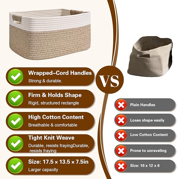2 Pack Large Storage Basket for Organizing, 17.5"x13"x7" Woven Basket for Shelves, Closet Cube Storage Bins with Wrapped Handle, Cotton Rope Baskets for Kitchen, Clothes, Toys(Off White & Brown)
