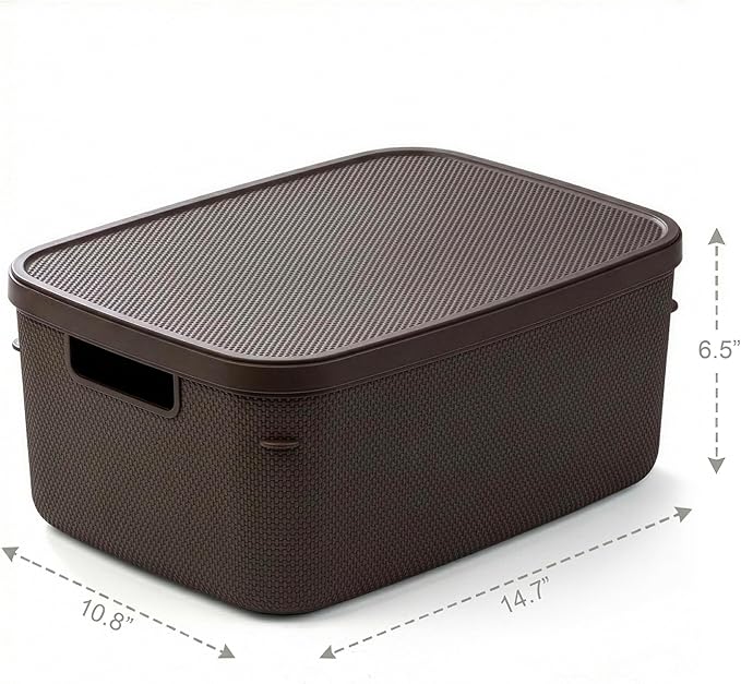 BINO | Plastic Storage Bins with Lids, 13 Liter - 3 Pack, Dark Brown | THE TWILL COLLECTION | Plastic Bins for Organization | Woven Storage Baskets for Organizing | Pantry Shelf Organizer Basket Bin