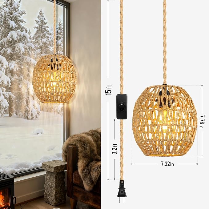 SLYYMY Plug in Pendant Light, 15FT Hemp Rope Cord, Hanging Lamps Rattan Pendant Light, On/Off Switch Hanging Lights for Bedroom Living Kitchen