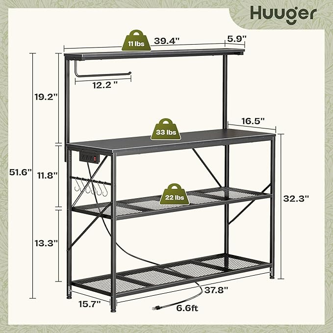 Huuger 4-Tier Bakers Rack with Reversible Power Outlet, 39.4 Inch Microwave Stand with Paper Towel Holder, Kitchen Bar, Larger Storage with Top Shelf, 6 S Hooks, White