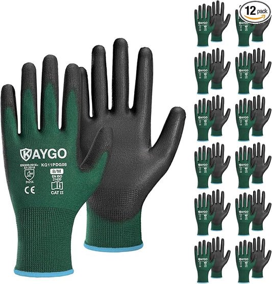KAYGO Work Gloves for Men and Women,12 Pairs Seamless Knit PU Coated Safety Gloves, with Smooth Grip on Palm and Fingers, Ideal for Light Warehouse, Manufacturing, Gardening, KG11P (M,Dark Green)