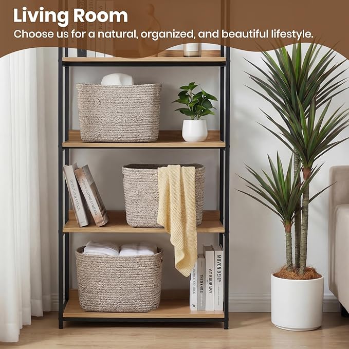 Storage Baskets for Organizing, 14 x 10 x 9” Closet Shelf Woven Baskets, Square Bins with Handles, Cotton Rope Basket for Toys, Clothes, Office, Room, Brown 1 Pack