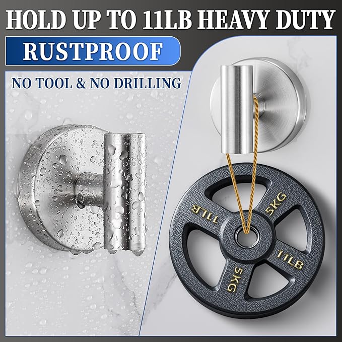 Suction Cup Hooks No Drill Stainless Steel Shower Hooks Towel Hook Robe Hook Heavy Duty on Smooth and Non-Porous Surfaces in Bathrooms Kitchen Bedroom (2, Brushed Nickel)
