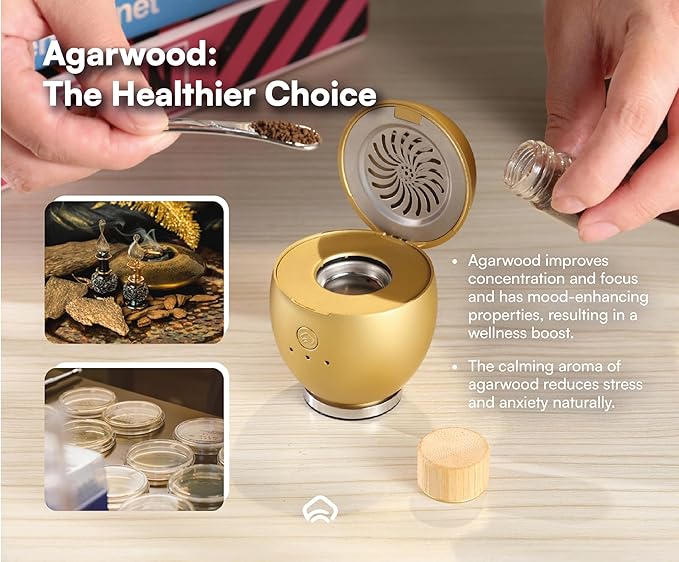 Orbby Scent Diffuser Starter Kit | Portable Small Desk Diffuser for Office: Electric Incense Device, Cordless Pet Safe Air Freshener for Home – Flameless (Gold with 1g Agarwood Pellets)