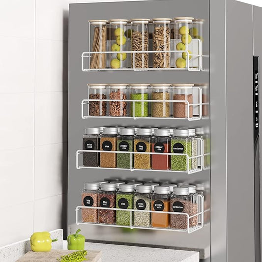 4 Pack Magnetic Spice Rack Organizer, Space Saver for Refrigerator and Microwave Oven, Metal Fridge Shelf, White