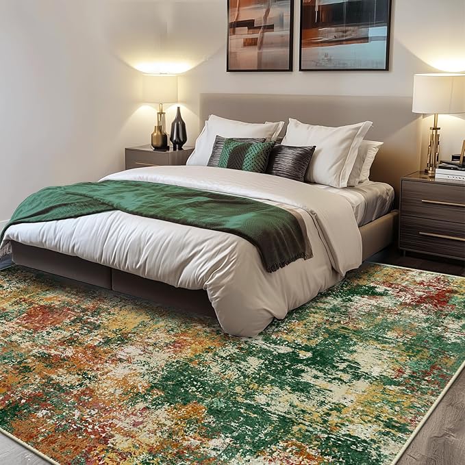 Washable Area Rugs 10'x14 Non-Slip Modern Abstract Soft for Living Room Entryway Bedroom Nursery, Print Pattern, Green Orange Rust Red Cream Colorful