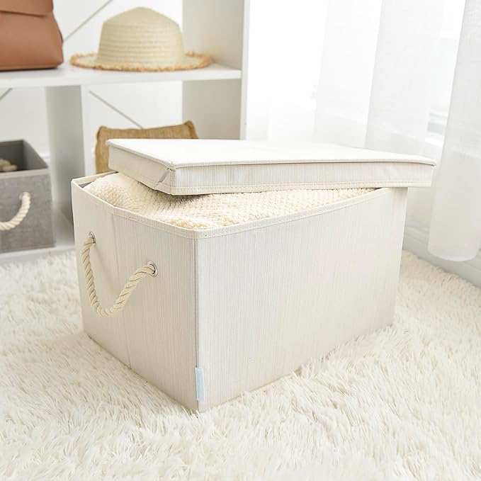 Pack of 2 Modern Fabric Storage Bins, Collapsible Open Storage Bins for Clothes, Books - Shelf Organizer with Dust-proof Lips, Ivory White, 34L