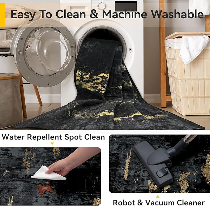Washable Area Rugs 10'x12' Non-Slip Modern Abstract Soft for Living Room Entryway Bedroom Nursery, Print Pattern, Dark Black Gold
