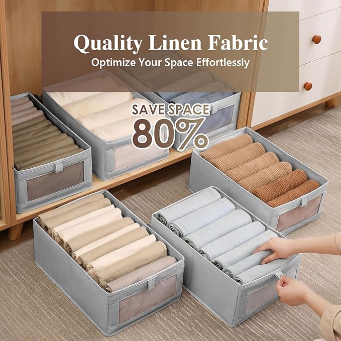 Linen Closet Organizers and Storage, 4 Pack Storage Bins Linen Clothing Organizer Baskets with Mesh Window, Foldable Closet Organizer for Clothing, Towels, Toys, Nursery, Books, Shelves (Grey)