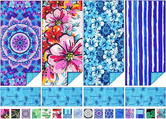 4 Pack Microfiber Thin Beach Towel Lightweight 71x32 Oversized Extra Large Sand Free Towels Quick Dry for Travel Pool Yoga Gym Sports Beach Accessories Vacation Essential Gift