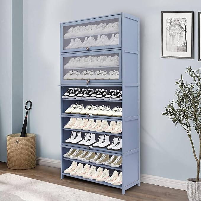 Bamboo Shoe Cabinet with Flip Doors, 10 Tiers Large Entryway Shoe Storage Cabinet, Tall Wooden Rack for Closet Bedroom (Grayish Blue)