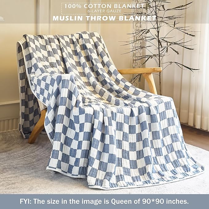 SANACYNA 100% Cotton Throw Blanket 6-Layer Gauze Muslin Blanket Blue Grid Cooling Blanket Lightweight Soft and Breathable Blanket for Sofa Couch Gifts for Boys (Blue Checker, Throw 50"x60")