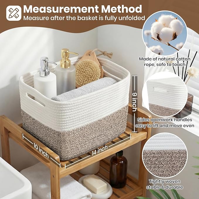 Storage Baskets for Organizing, 14 x 10 x 9” Closet Shelf Woven Baskets, Square Bins with Handles, Cotton Rope Basket for Toys, Clothes, Office, Room, White+Dark brown 1 Pack