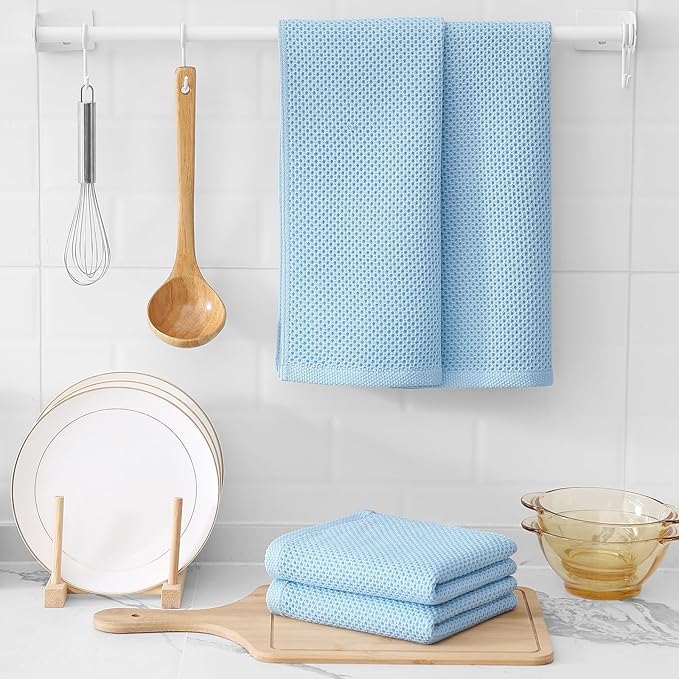 Kitinjoy 100% Cotton Waffle Weave Kitchen Hand Towels (13 X 28 Inches, Sky Blue), 8-Pack Super Soft and Absorbent Dish Towel for Drying Dishes