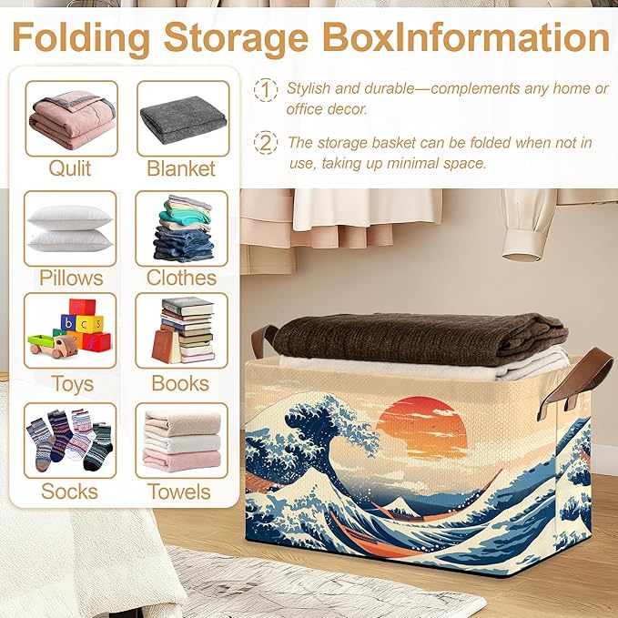 Decorative 32L Japanese Waves Storage Bins with Handles, Organization and Storage, Cube Storage Organizer for Hamper, Nursery