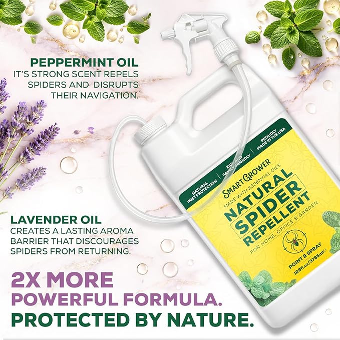 Natural Spider Repellent Spray – Indoor Spider Spray with Peppermint & Lavender, Family & Pet Friendly – Fresh Scent Spider Remover for Bedrooms, Bathrooms, Garage, and More, Spray Trigger Gallon
