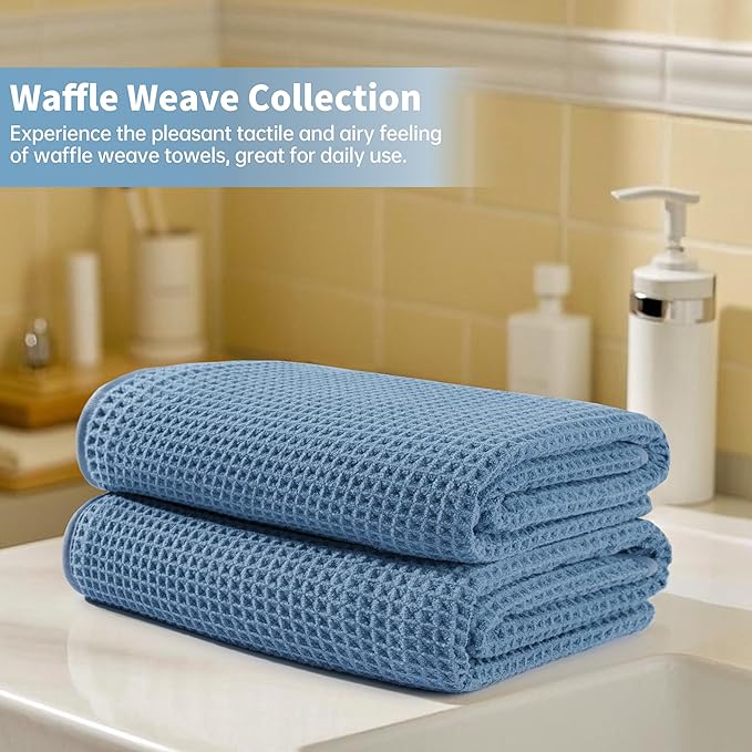 Microfiber Waffle Bath Towels, 4 Pieces, Soft, Absorbent, Fast Drying, Lint Free 430 GSM (Blue)