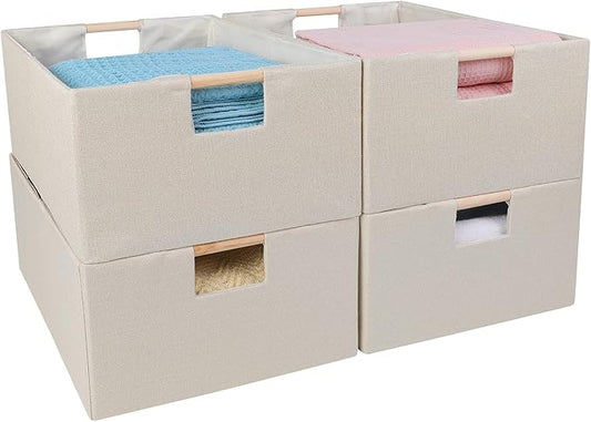 ANMINY 4PCS Storage Baskets for Organizing Collapsible Fabric Storage Bins Boxes with Wood Handles Closet Shelves Cube Organizer Bins Clothes Laundry Storage Container - Large, Beige