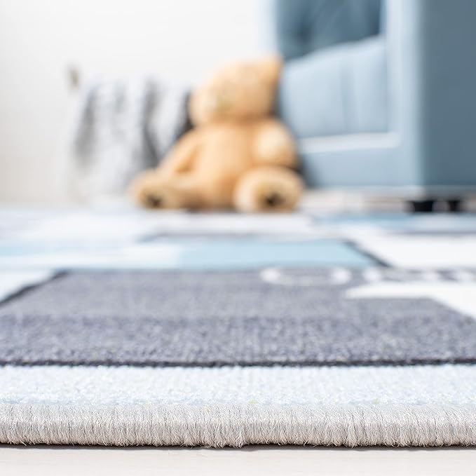 SAFAVIEH Washable Rug Kids Playhouse Collection - 3'3" Square, Grey & Blue, Slip Resistant & Easy to Clean, Ideal for Kids Room, Playroom, Nursery, Boys & Girls Room (KPH226F)