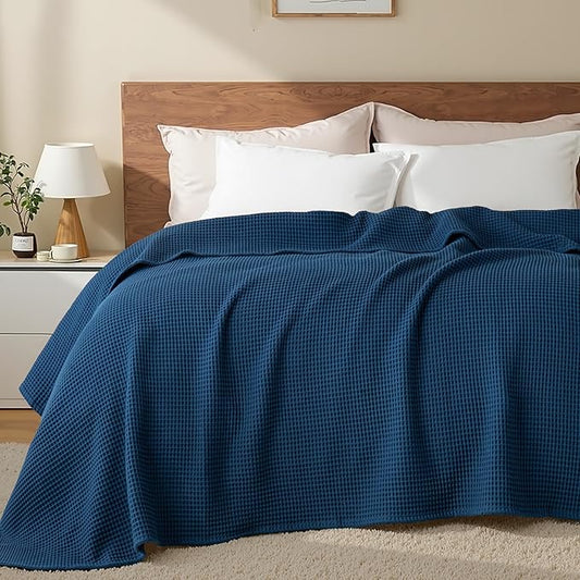 Exclusivo Mezcla 100% Cotton Waffle Weave Blanket Queen Size, Soft, Lightweight and Breathable Muslin Gauze Blanket for Bed, All Season, 90"x90", Navy Blue