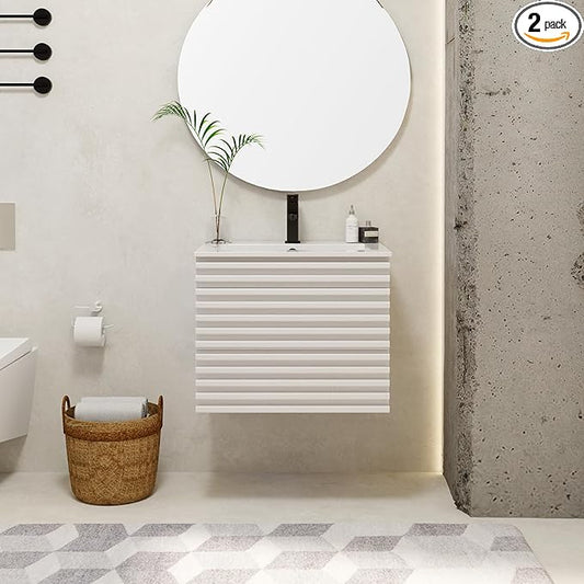 eclife 24" Floating Bathroom Vanity with Sink Combo Mid-Century Wall Mounted Cabinet with Wood Stripes Decor, Drawers, Undermount Sink, Faucet, Drain, Mixed White