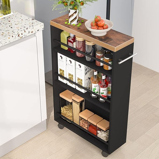 Tribesigns Slim Storage Cart, Rolling Narrow Kitchen Cart on Wheels for Small Place, 4-Tier Slide Out Slim Utility Cart Skinny Laundry Cart with Handle for Kitchen, Bathroom, Laundry