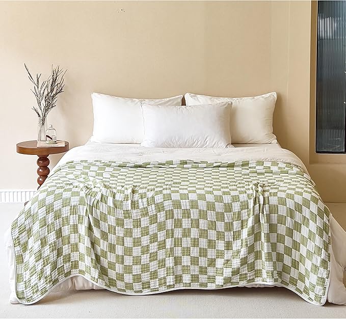 SANACYNA Muslin Throw Blanket 100% Cotton Green Grid Cooling Blanket 6-Layer Gauze Lightweight Soft Breathable Blanket for Sofa Couch Birthday Gifts for Daughter (Green Checkerboard, Throw 50"x60")