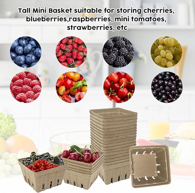 50 Pcs Natural Pulp Fiber Berry Basket, Molded Berry Basket Produce Vented Container for Strawberry Blueberry Raspberry and Vegetable Small Farmer Market Grocery Stores, Backyard Party 4.3x4.3x2.8inch
