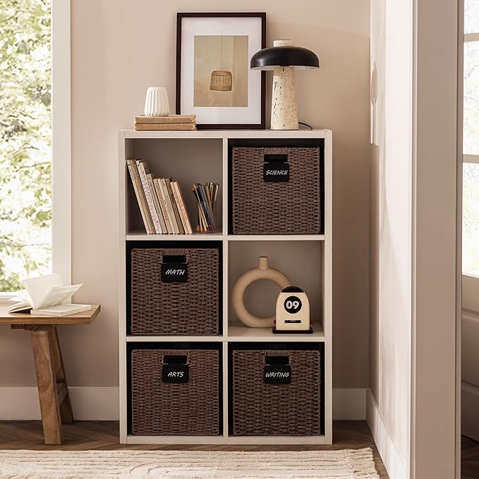 UBBCARE 4 Pack Wicker Basket, 10.5×10.5 Storage Cubes with Label, Foldable Cube Storage Bin with Handle, Square Storage Basket for Shelves, Woven Paper Rope Basket for Organizing, Brown