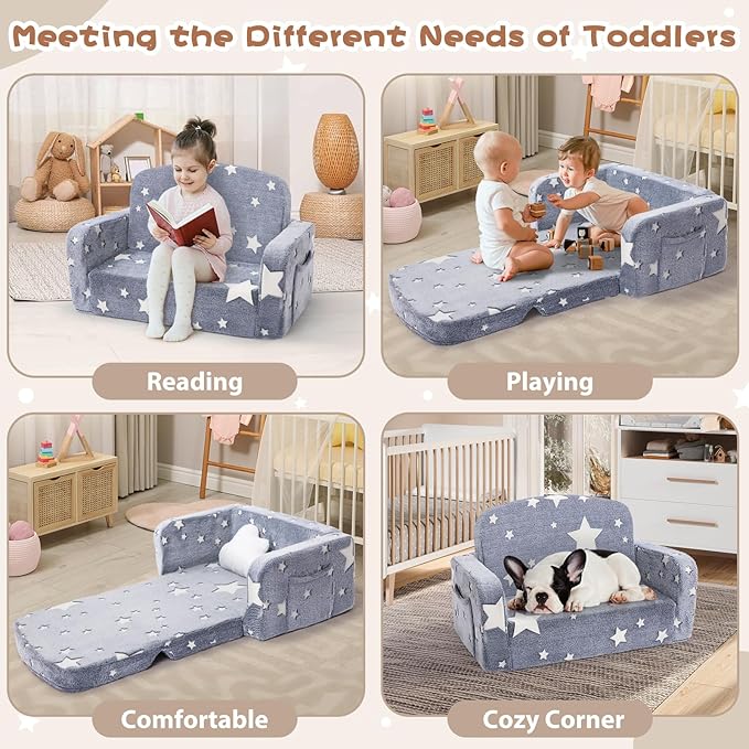 Extra Wide Kids Couch, 2-in-1 Soft Couch with Blanket, Glow in The Dark, Comfy Chair with Cloud Pillow, Convertible Sofa, Star