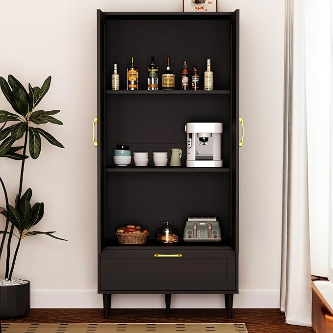60" Tall Wooden Storage Cabinet with Adjustable Shelves, Large Capacity Freestanding Pantry Cabinet for Living Room, Kitchen, and Dining Room,Black