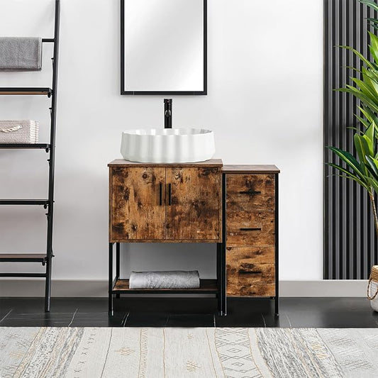 eclife 36" Bathroom Vanity Sink Combo Modern Metal Stand Cabinet W/Bottom Shelf & Storage Side Cabinet White Shell Vessel Sink & Water Save Faucet & Pop Up Drain, Rustic Brown (T54)