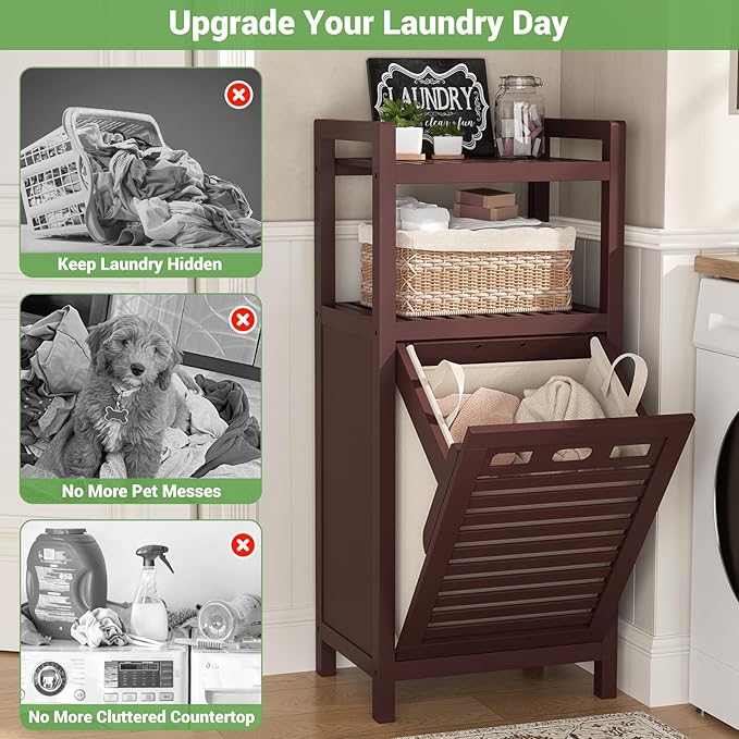 Homykic Tilt Out Laundry Hamper, 10 Gal Bamboo Laundry Storage Cabinet with Removable Basket, Hidden Hamper Organizer with Shelf for Dirty Clothes, Bathroom, Laundry Room, Space Saving, Espresso